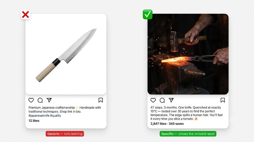 効果の低い日本製品のInstagram投稿（漠然とした品質訴求）vs 効果の高い投稿（具体的な工程の詳細）の比較