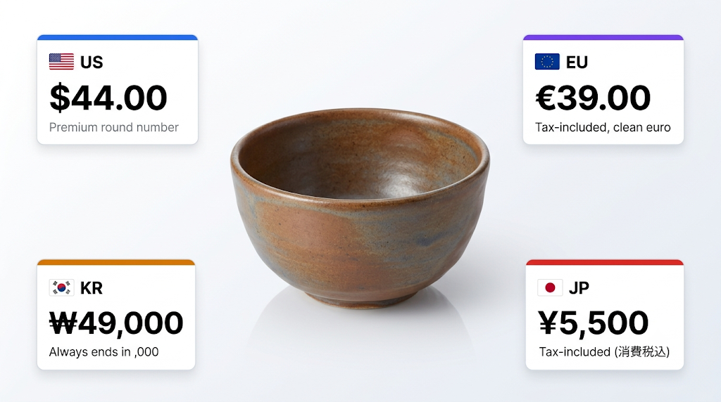 同じ商品がUSD、EUR、KRW、JPYの各市場で異なる価格タグを持つ様子