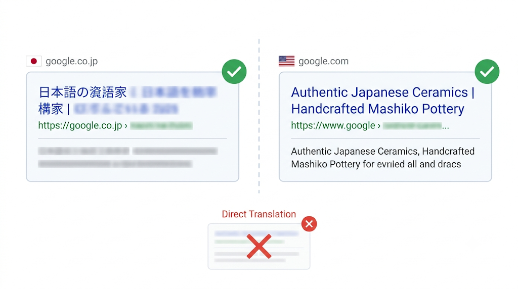 陶器Shopifyストアの最適化された日本語と英語のメタタイトル・ディスクリプションの比較